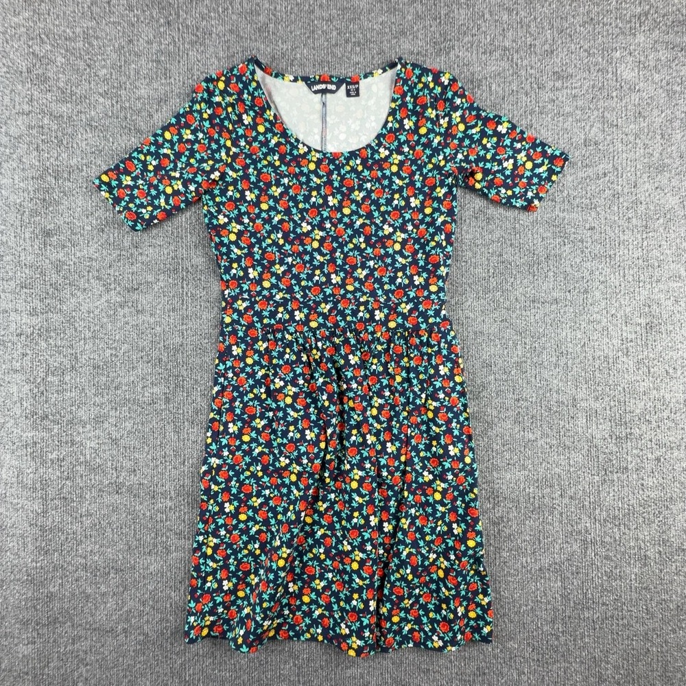 Lands' End Dress Womens XXS Petite Multicolor Floral Scoop Neck Fit Flare Jersey